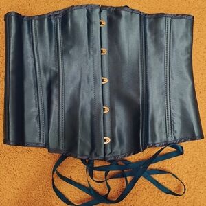 Y2K Blue Satin Corset Top w Front Busk Closure & Back Satin Ribbon Lace Up.
